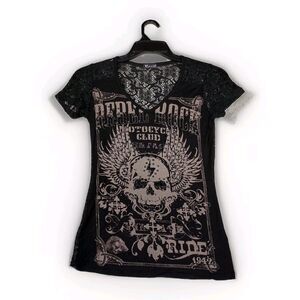 Vintage Norcal Skull Shirt No Size Measures 30" Chest Lace Back Rhinestone Goth